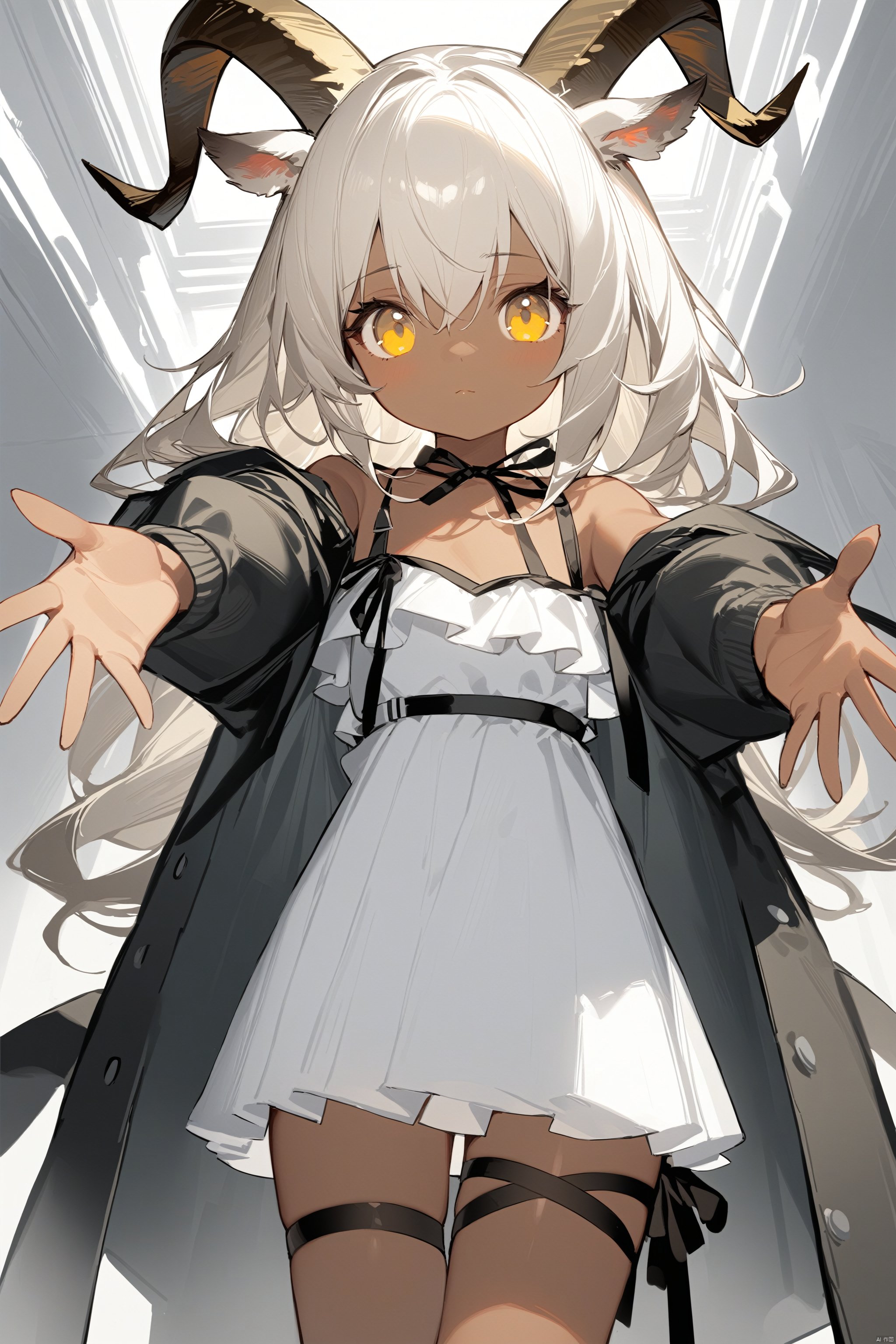  (masterpiece),(best quality),petite,loli,1girl, solo, horns, dress, animal ears, dark-skinned female, yellow eyes, dark skin, white hair, white dress, looking at viewer,  off-shoulder dress, black ribbon, off shoulder, elite ii \(arknights\), jacket, black jacket, long hair, outstretched arms, long sleeves, leg ribbon, goat ears, open jacket, hair between eyes, ribbon, bangs, closed mouth, black coat, bare shoulders