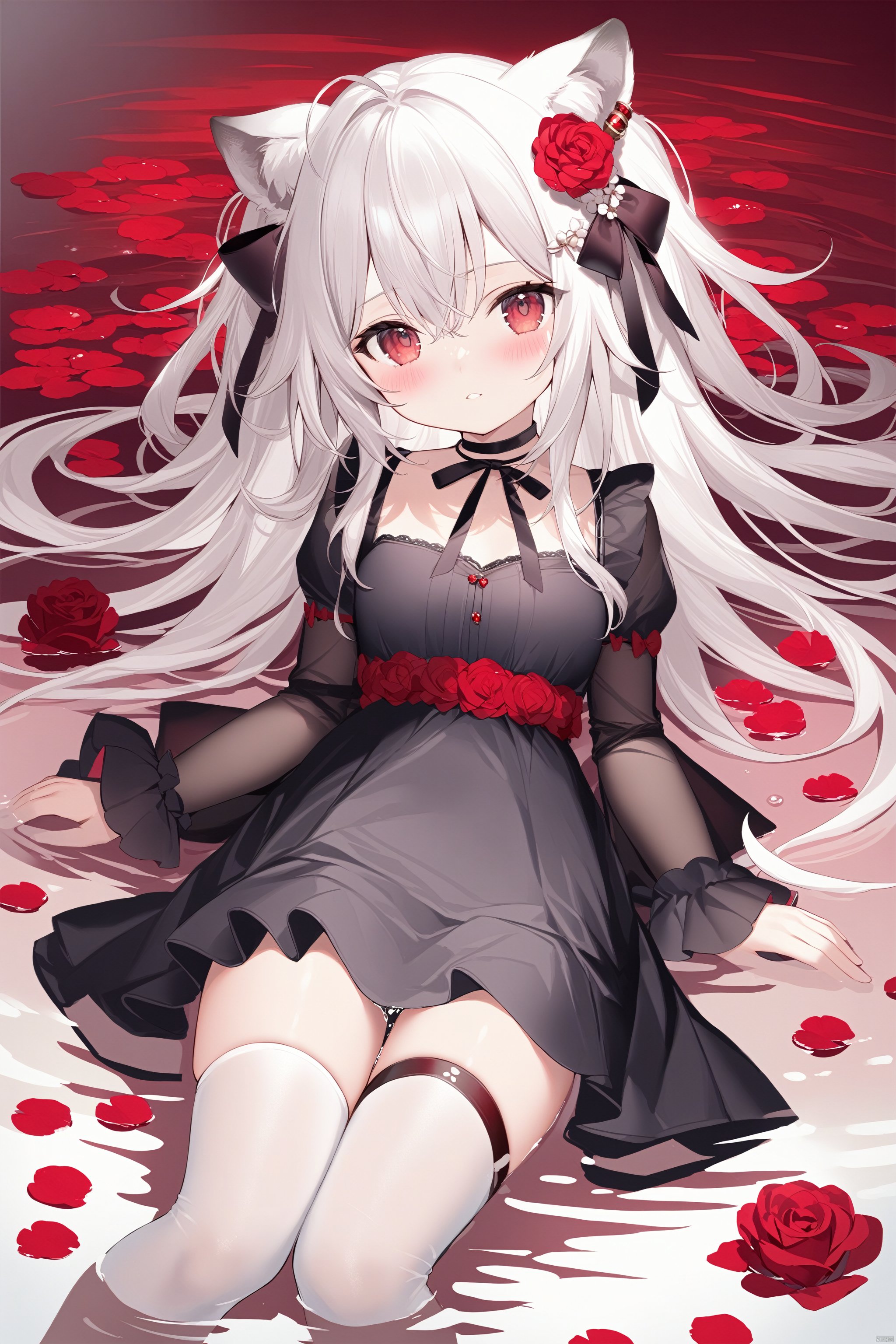  (masterpiece),(best quality),petite,loli,1girl, solo, animal_ears, dress, red_eyes, thighhighs, rose, long_hair, looking_at_viewer, black_dress, white_hair, flower, lion_ears, hair_ornament, tail, breasts, hair_between_eyes, red_rose, long_sleeves, choker, bangs, bow, animal_ear_fluff, red_flower, blush, water, partially_submerged, virtual_youtuber, lying, (\shen ming shao nv\)