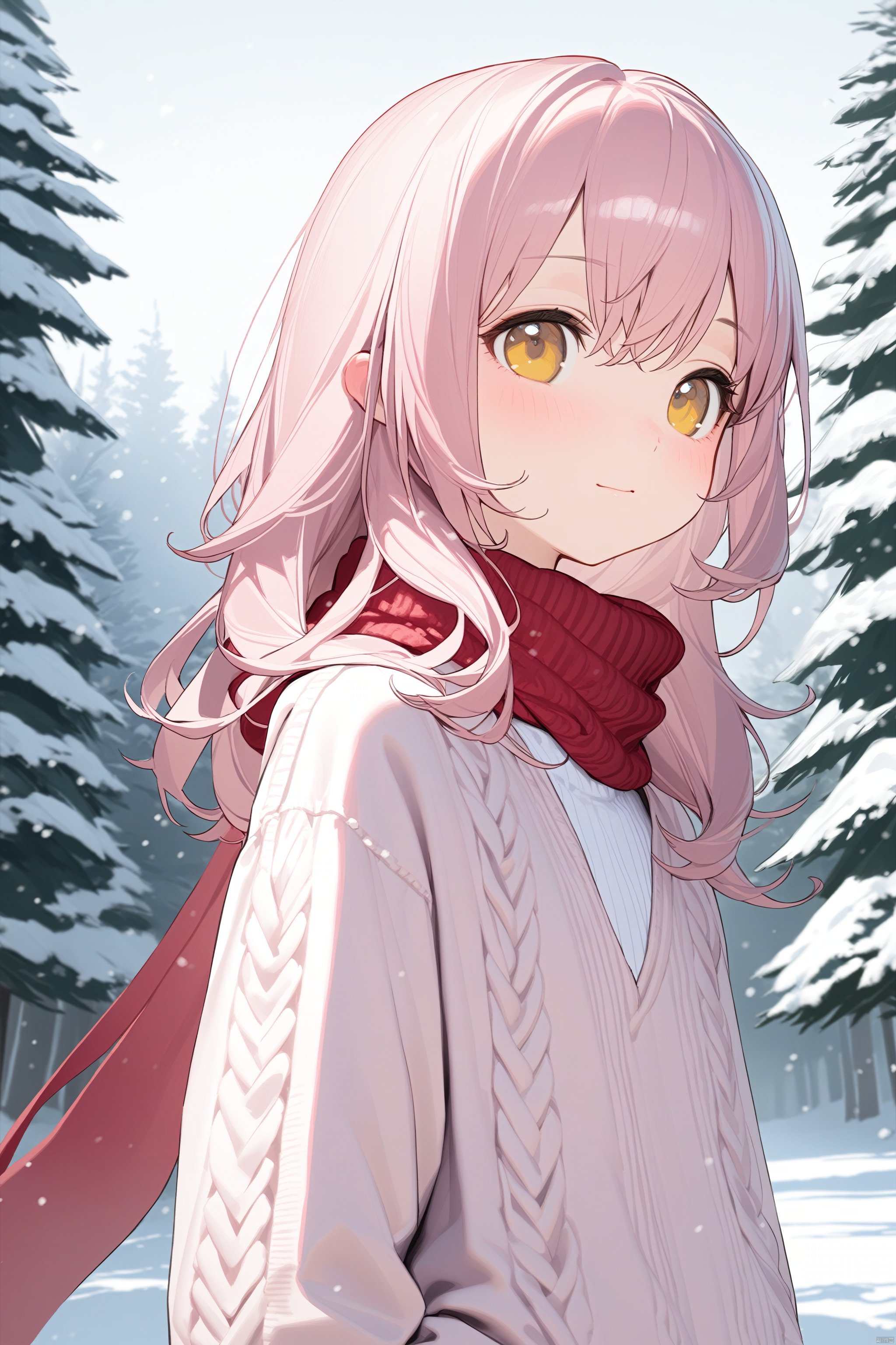  (masterpiece),(best quality),1girl, loli, solo, pink hair, long hair, yellow eyes, wearing pink knitted sweater, white collar poking out, red scarf wrapped around neck, rosy cheeks from cold, standing outdoors in winter scene, snowing lightly, snowflakes in hair, pine trees dusted white behind, looking ahead, cropped close-up composition, focus on face and upper body, intricate sweater details, photorealistic knit textures, vivid expression, hands in sweater pockets, (masterpiece quality illustration), (intricately detailed)