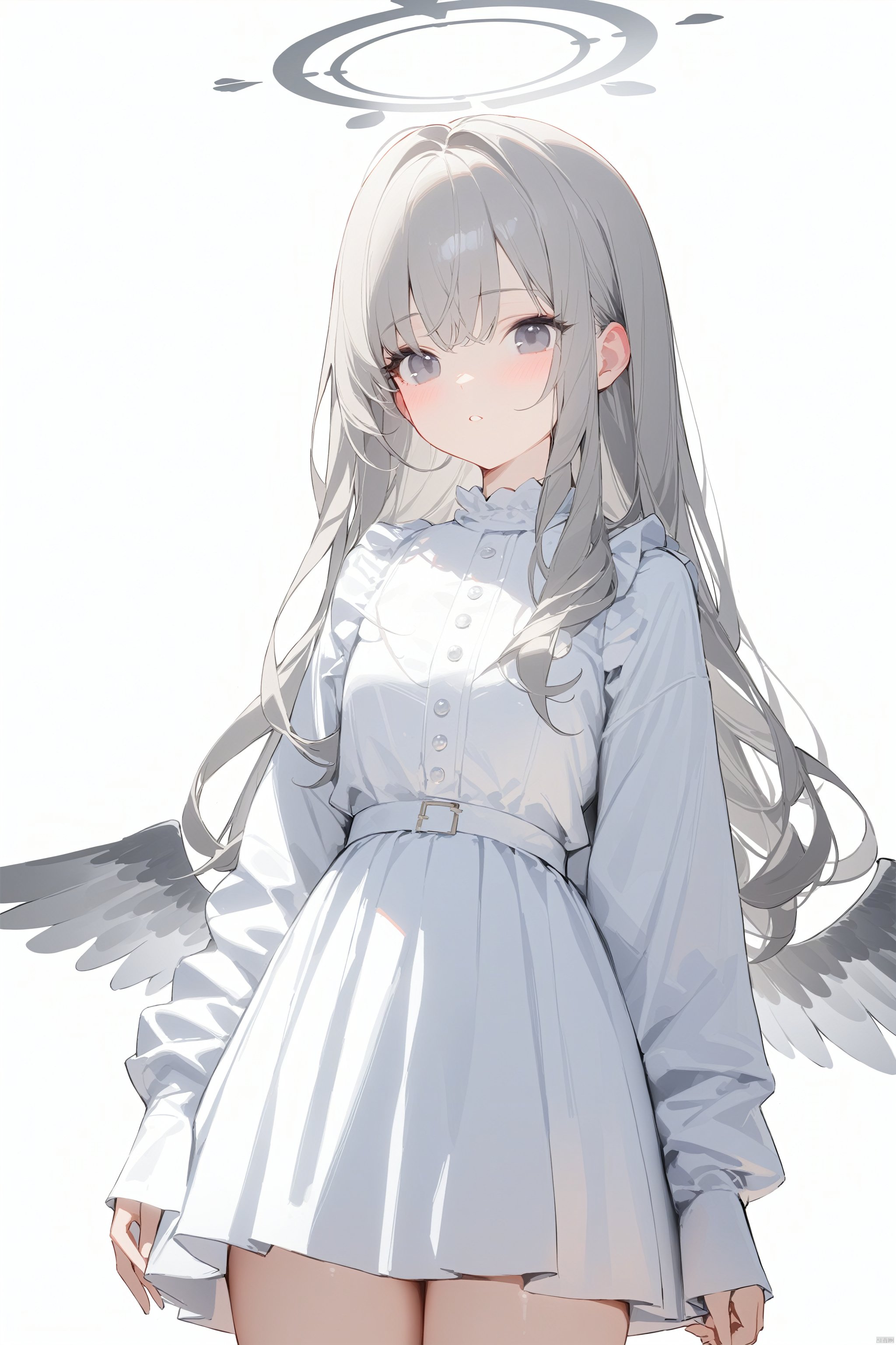  (masterpiece),(best quality),1girl, solo, halo, white background, dress, simple background, grey eyes, long hair, grey hair, long sleeves, sleeves past wrists, white dress, wings