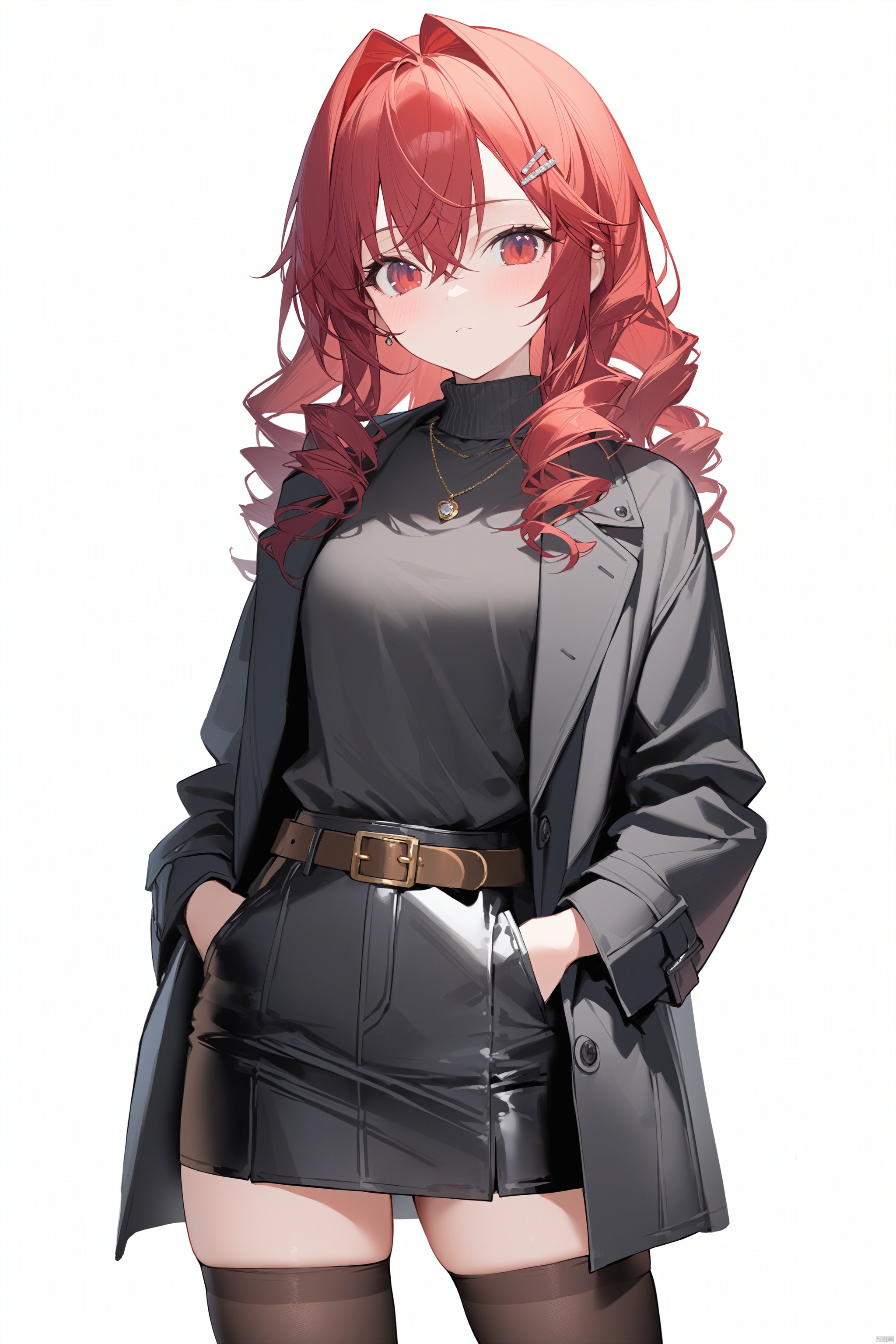 (masterpiece),(best quality),1girl,solo,cat girl,1girl, solo, looking at viewer, long hair, drill hair, red eyes, skirt, simple background, shirt, hair ornament, thighhighs, long sleeves, white background, hair between eyes, jewelry, closed mouth, red hair, cowboy shot, open clothes, alternate costume, hairclip, belt, black thighhighs, virtual youtuber, black skirt, necklace, zettai ryouiki, coat, black shirt, turtleneck, hair intakes, open coat, black coat, hands in pockets, ange katrina
