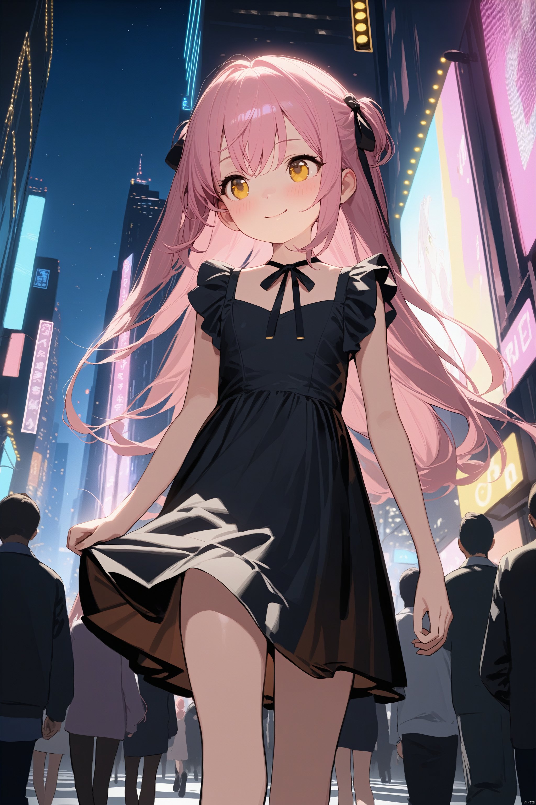  (masterpiece),(best quality),1girl, loli, solo, pink hair, long hair, yellow eyes, night, city, skyscraper, neon lights, crowded street, walking, black dress, ribbon in hair, smile, looking ahead, traffic lights, best quality, highly detailed, cinematic lighting, dramatic scene, masterpiece