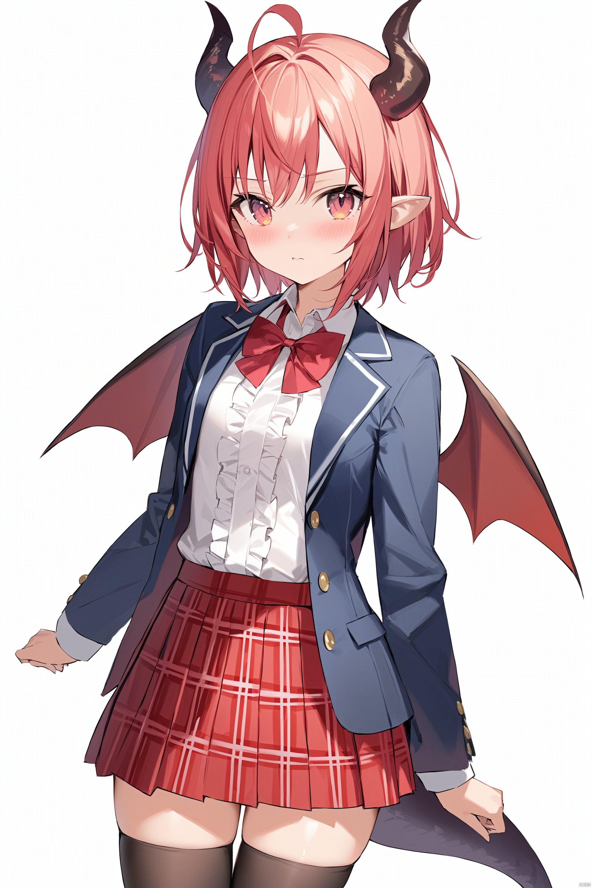  (masterpiece),(best quality),1girl, ahoge, bat_wings, black_legwear, blue_jacket, blush, brown_wings, center_frills, cowboy_shot, demon_wings, dragon_girl, dragon_horns, dragon_tail, dragon_wings, frilled_shirt, frills, horns, jacket, looking_at_viewer, open_clothes, open_jacket, plaid, plaid_skirt, pleated_skirt, pointy_ears, red_ribbon, red_skirt, red_wings, ribbon, school_uniform, shirt, short_hair, simple_background, skirt, solo, tail, thighhighs, white_background, wings, zettai_ryouiki