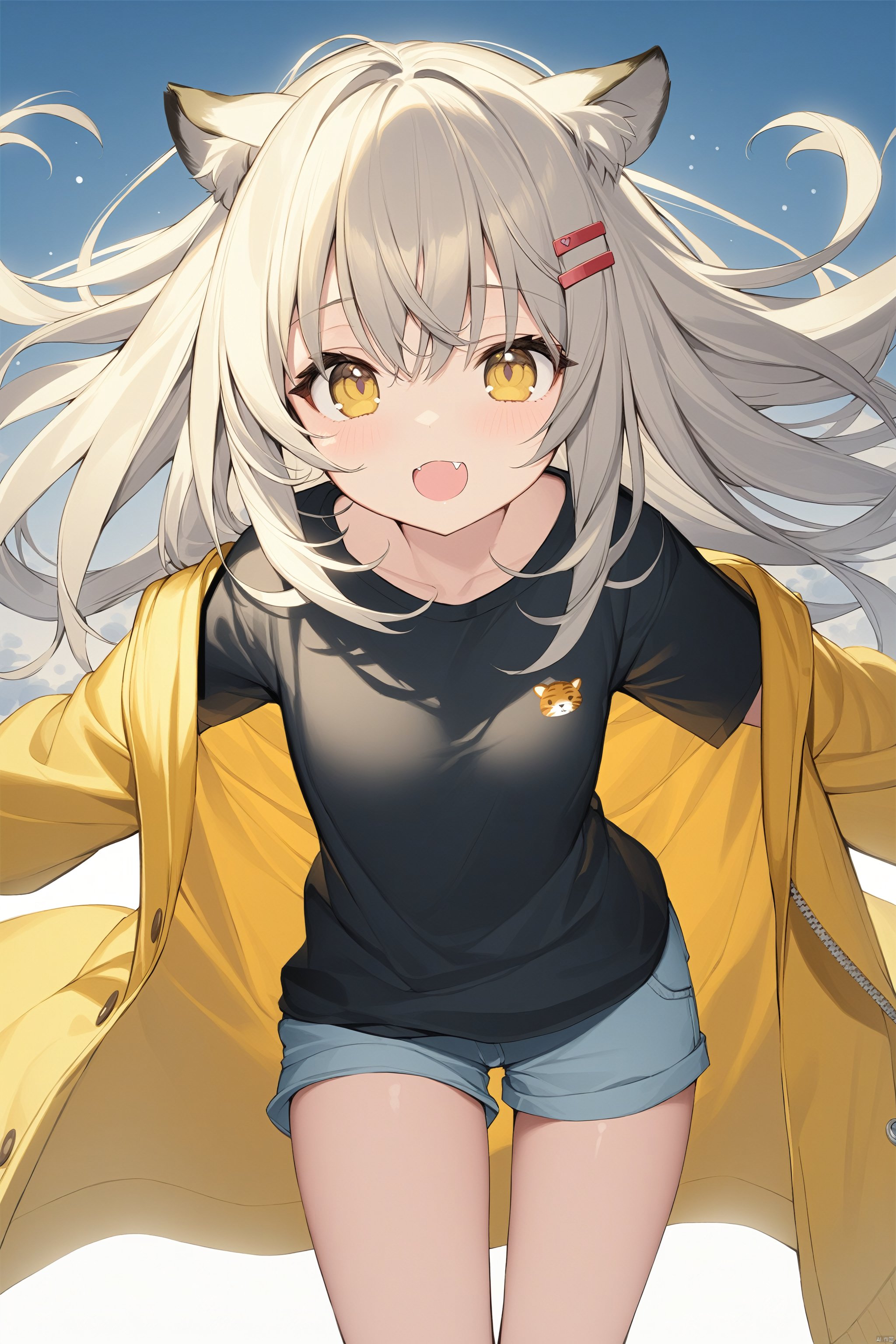  (masterpiece),(best quality),loli,petite,medium breast,(panorama:1.2),causticstail,disheveled hair, messy hair, long bangs, floating hair,highleg,{{short shorts}},solo,{an extremely delicate and beautiful}++++loose clothes,(black t-shirt:1.4)++,hairclip,++(animal print:1.2)++++Yellow eyes,white hair,tiger ears,fang out,{beautiful eyes},yellow jacket around waist,solo,cozy anime