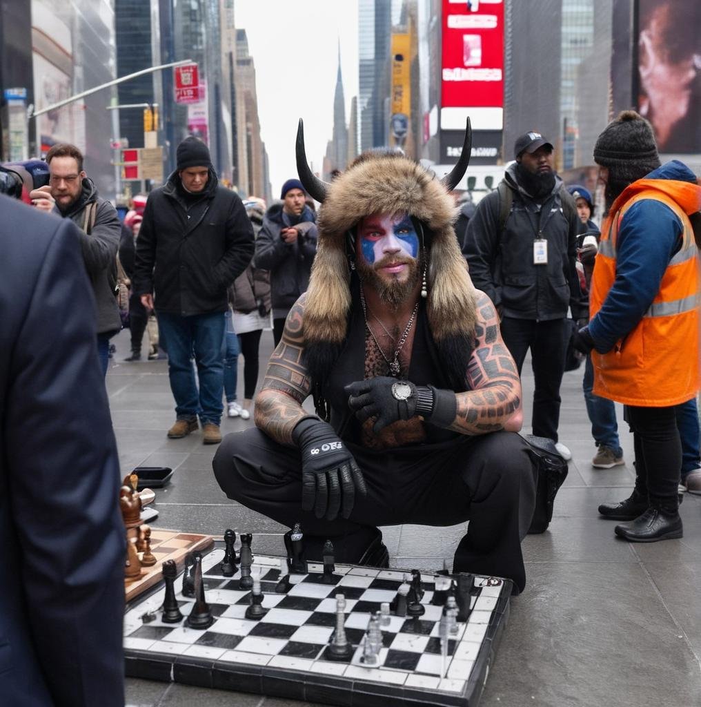 <lora:Q Shaman - Trigger w Qhornguy Person:1>qhornguy person playing chess, wearing a business suit, in the middle of New York's time square. 