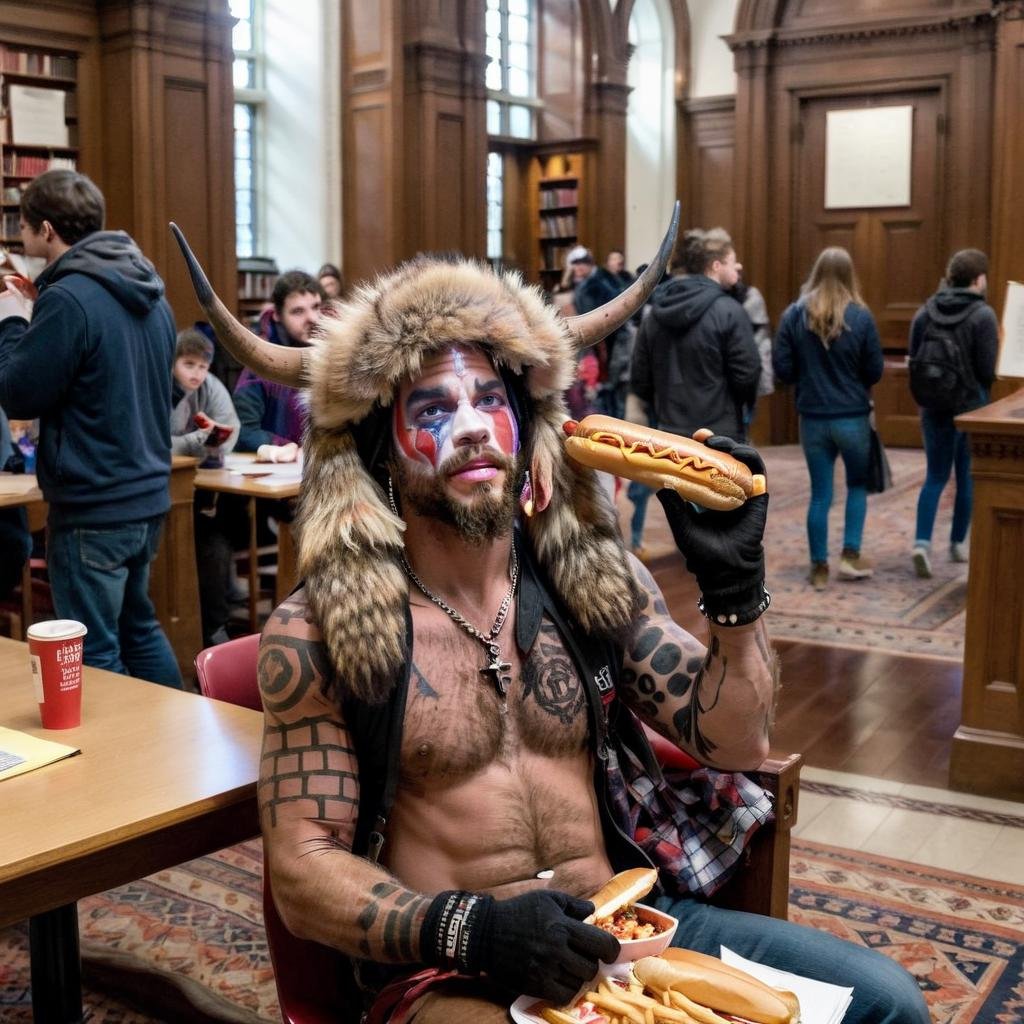 <lora:Q Shaman - Trigger w Qhornguy Person:1>qhornguy person eating a big hotdog in the library at Harvard university. 