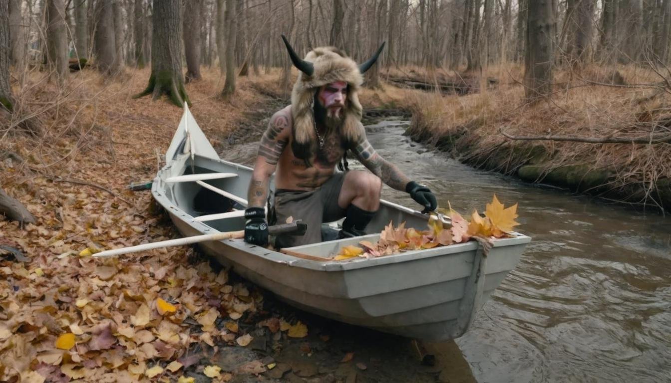 <lora:Q Shaman - Trigger w Qhornguy Person:1>, , qhornguy Person crafts a boat from fallen autumn leaves, sailing on a hidden forest stream that is way too small for his boat. 