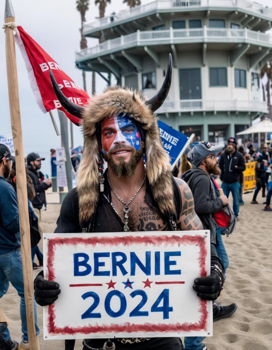 <lora:Q Shaman - Trigger w Qhornguy Person:1>qhornguy person  working a carvnical ride on the pier in Santa Monica.. . Holding up a sign that says "Bernie 2024!"