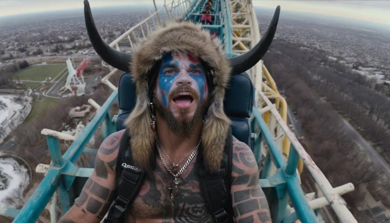 <lora:Q Shaman - Trigger w Qhornguy Person:1>,  Film moment with qhornguy Person, riding a roller coaster that suddenly takes off and flies around the world, emphasizing exhilarating and comedic airborne adventures.
