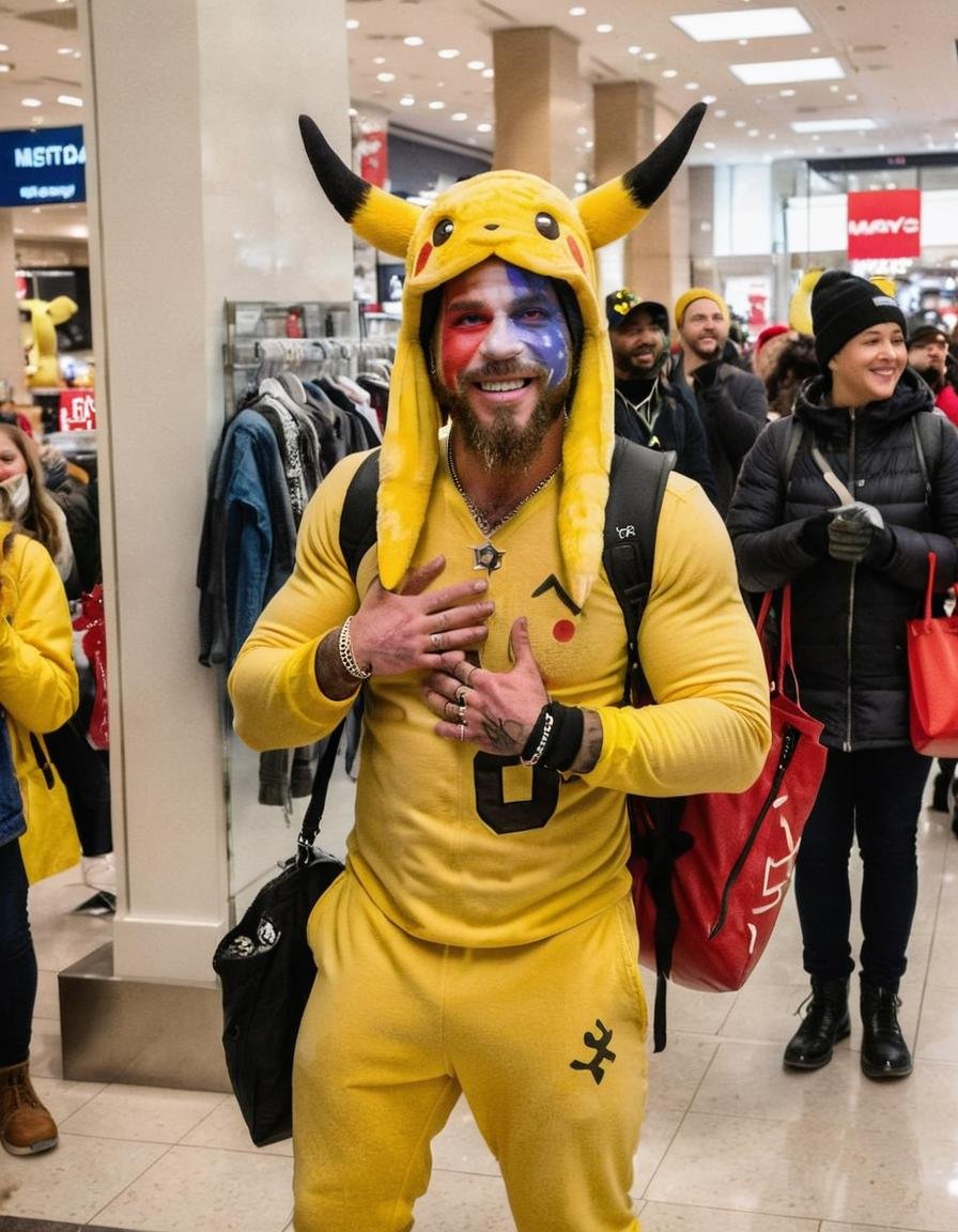 <lora:Q Shaman - Trigger w Qhornguy Person:1>qhornguy person  dressed in a pikachu costume. happy. Working at Macy's checking out people buying clothes. 
