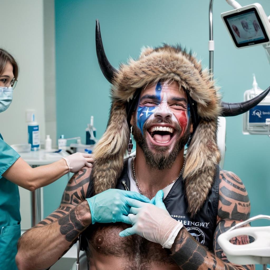 <lora:Q Shaman - Trigger w Qhornguy Person:1>qhornguy person working as a dentist. Performing a root canal on a person seated in the dentist chair, hands on dental tools, patient's mouth open, smiling for a photo taken by a nurse to be featuring in his upcoming advertisement campaign. 