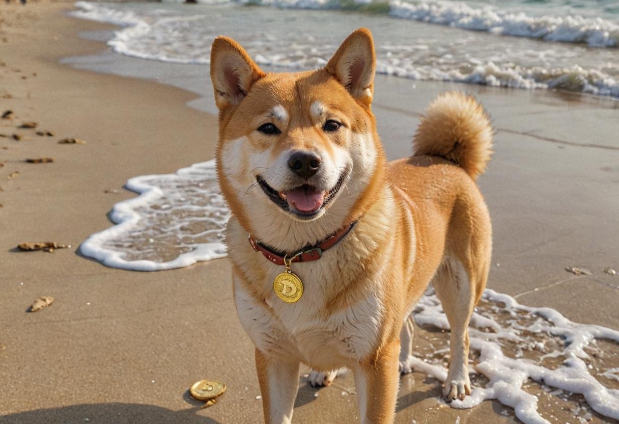 shinu imu dog on the beach, photorealistic, rich <lora:Dogecoin artstyle - Trigger is Dogecoin Artstyle:1> gold coin with a D on it around neck dogecoin artstyle
