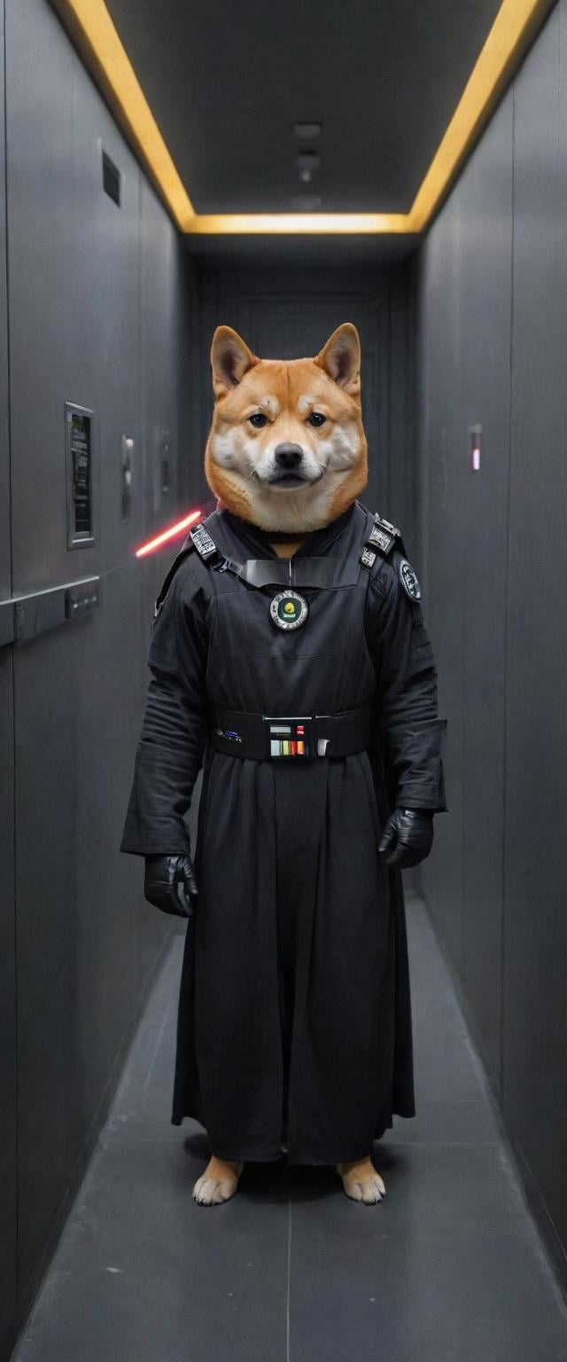 dressed as a Sith Lord, standing in a corridor of the Death Star. The 360-Degree Photography artwork should use Fill Light and Medium Long Shot to create an intense atmosphere. dogecoin artstyle, rich on the moon, <lora:Dogecoin artstyle - Trigger is Dogecoin Artstyle:1> Light saber, gold coin with a D on it around neck