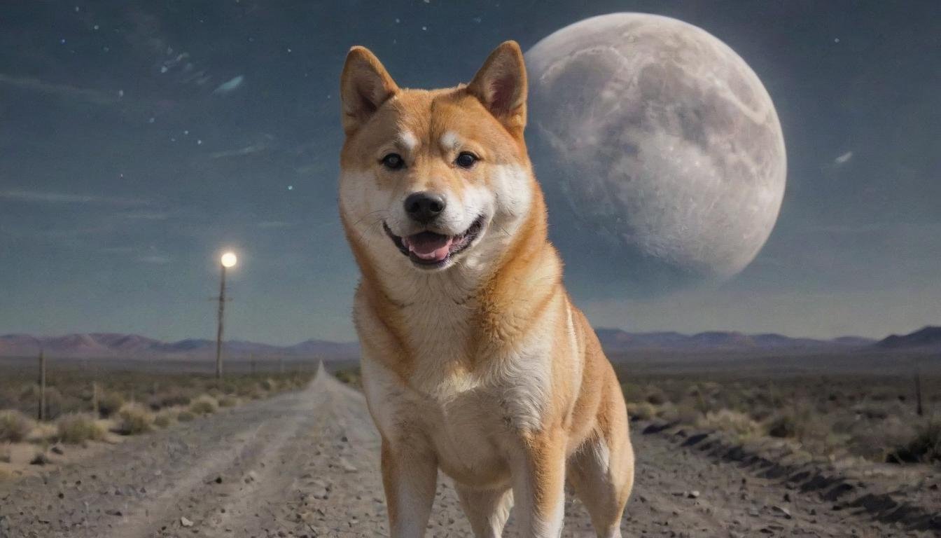 Walking trail dogecoin artstyle, rich on the moon, <lora:Dogecoin artstyle - Trigger is Dogecoin Artstyle:1>