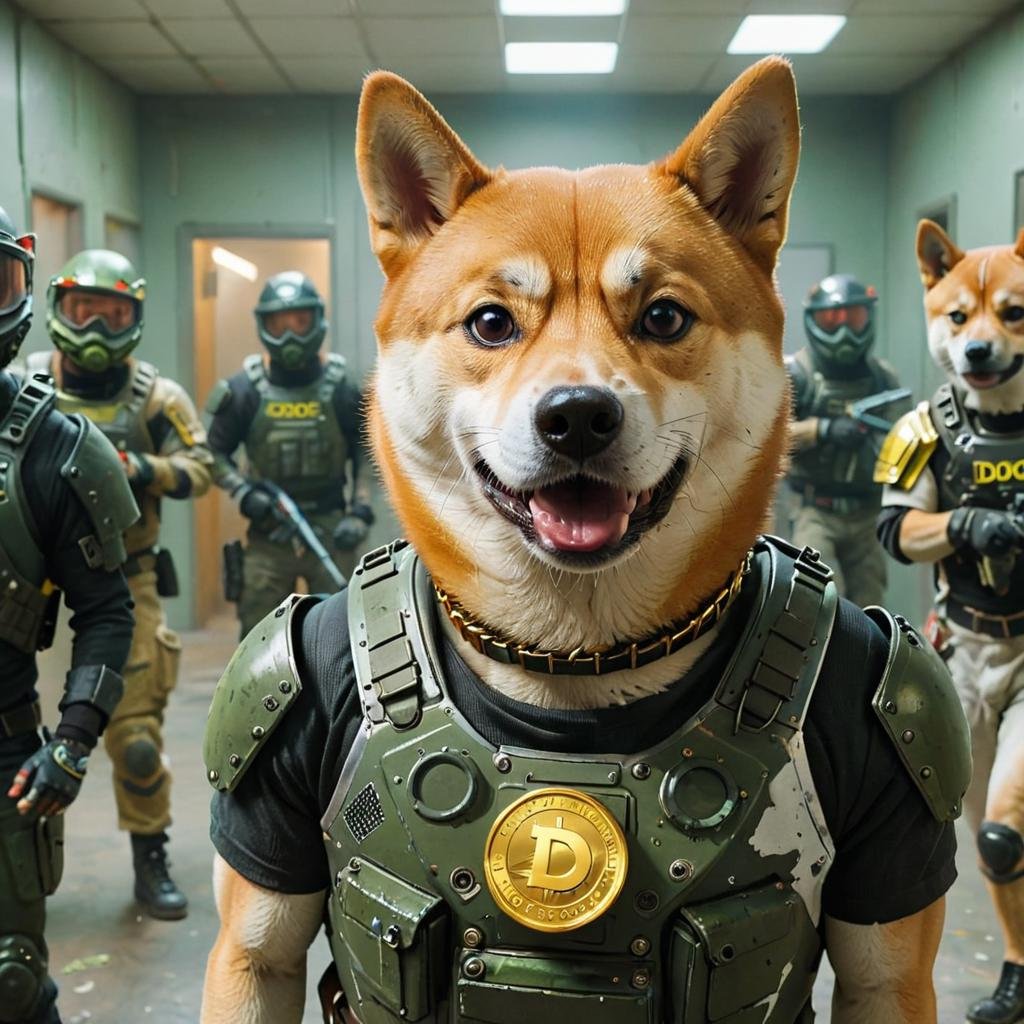 dogecoin artstyle, In Film footage, where he finds himself in a room with a bunch of people playing paintball. We see a guy in a room through the point of view of the guy who has picked up the game. <lora:Dogecoin artstyle - Trigger is Dogecoin Artstyle:1> dogecoin chain around neck.