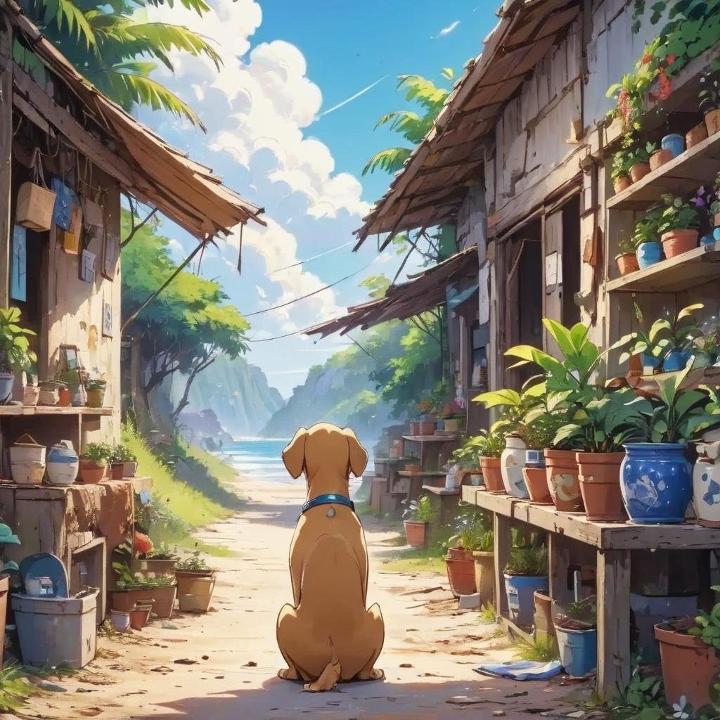 Dreamyvibes artstyle, a lost dog looks up at a small pottery store on the side of a road near the beach. <lora:Dreamyvibes artstyle SDXL - Trigger with dreamyvibes artstyle:1>