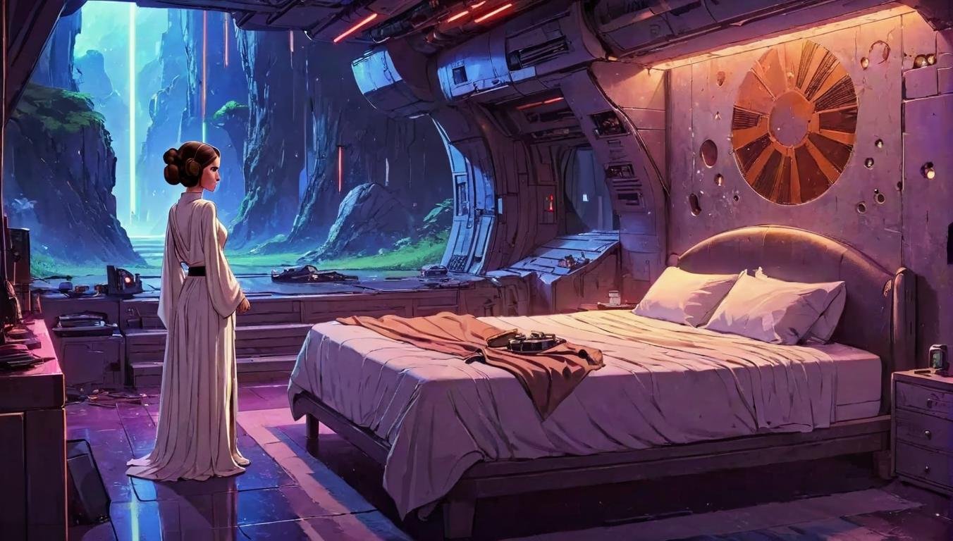 Dreamyvibes artstyle, a scene from the movie Star Wars featuring princess leia <lora:Dreamyvibes artstyle SDXL - Trigger with dreamyvibes artstyle:1>