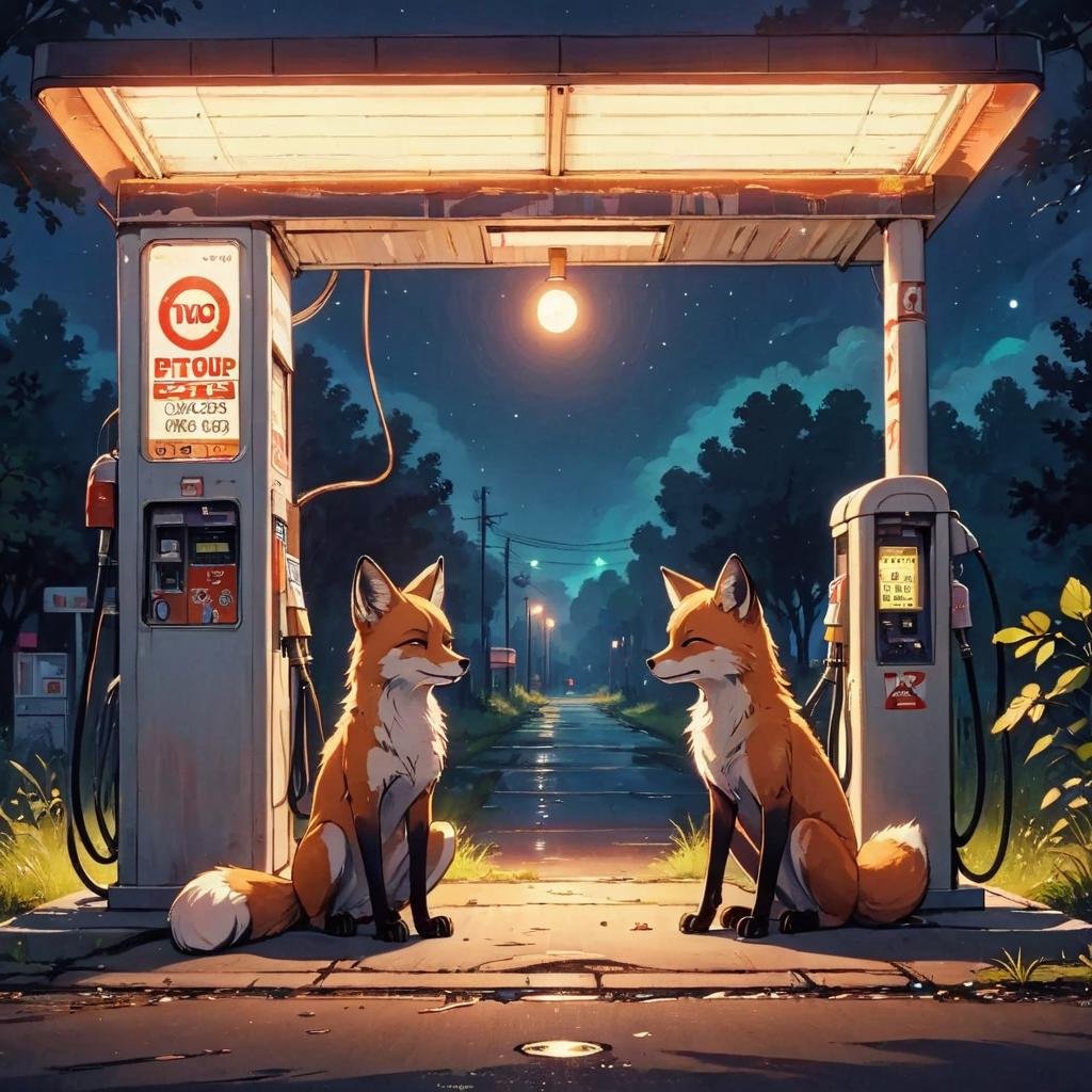 Dreamyvibes artstyle, two foxes examine a closed gas station late at night. <lora:Dreamyvibes artstyle SDXL - Trigger with dreamyvibes artstyle:1>