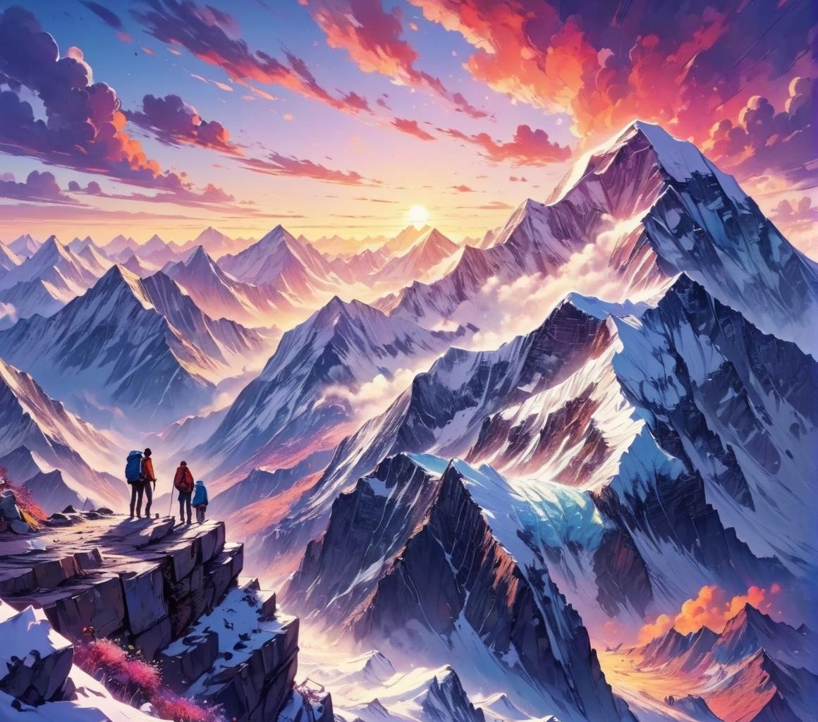Dreamyvibes artstyle, Sunset with unique colors seen from the top of Mt. Everest. Climbers are seen in the distance. snow. <lora:Dreamyvibes artstyle SDXL - Trigger with dreamyvibes artstyle:1>
