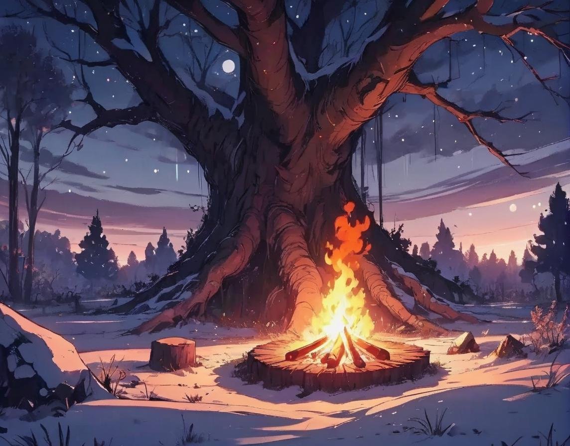 Dreamyvibes artstyle, a bonfire set near a tree with a giant hole, after midnight in a distant section of lost woods. Snowy but dark and only moonlight illuminating the area. <lora:Dreamyvibes artstyle SDXL - Trigger with dreamyvibes artstyle:1>