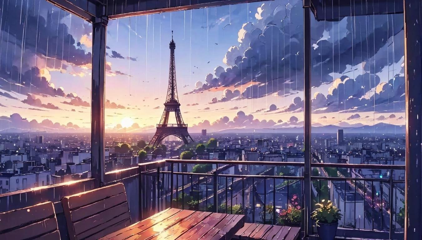 Dreamyvibes artstyle, watching heavy rain from the top of the eiffel tower. <lora:Dreamyvibes artstyle SDXL - Trigger with dreamyvibes artstyle:1.3>