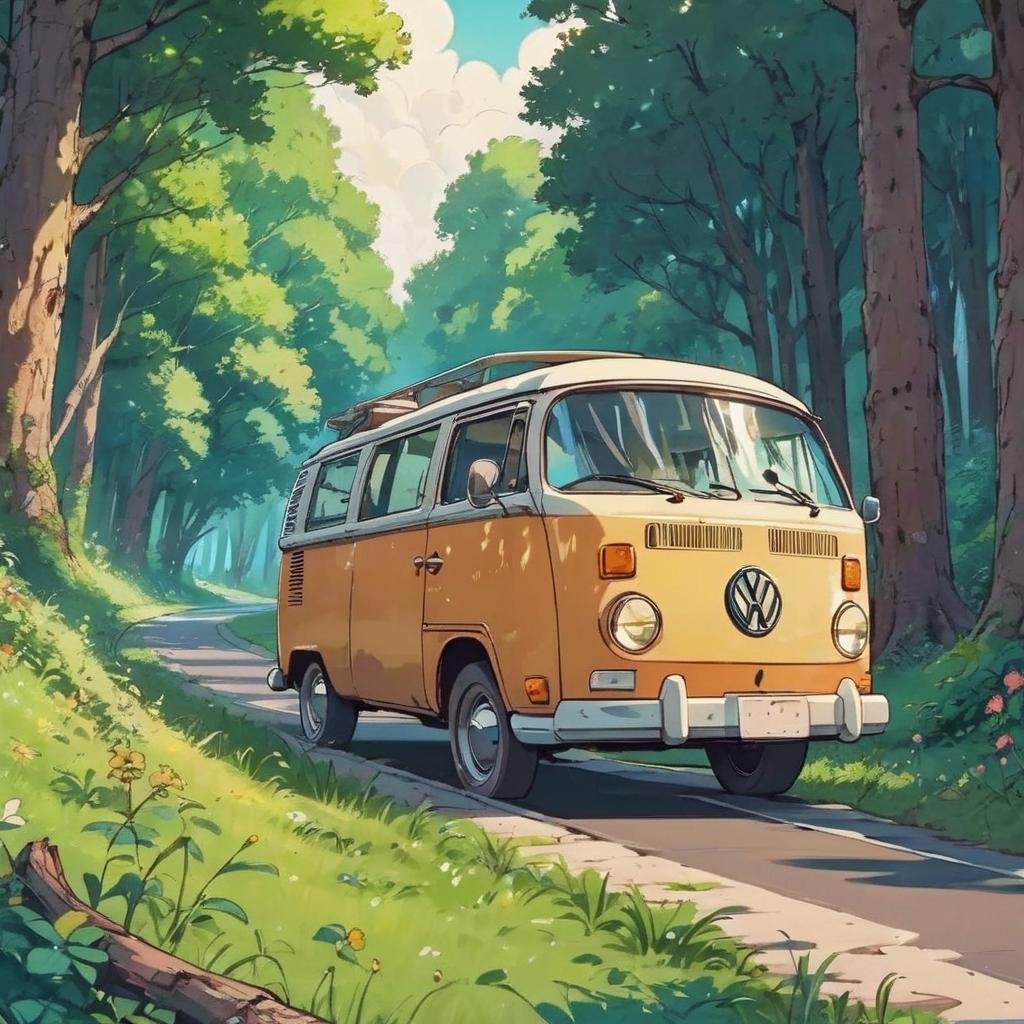 <lora:Dreamyvibes artstyle SDXL - Reddit - Trigger with dreamyvibes artstyle:1> Dreamyvibes artstyle, A VW van rounds a curve in the road in a woodsy new york state backroad.