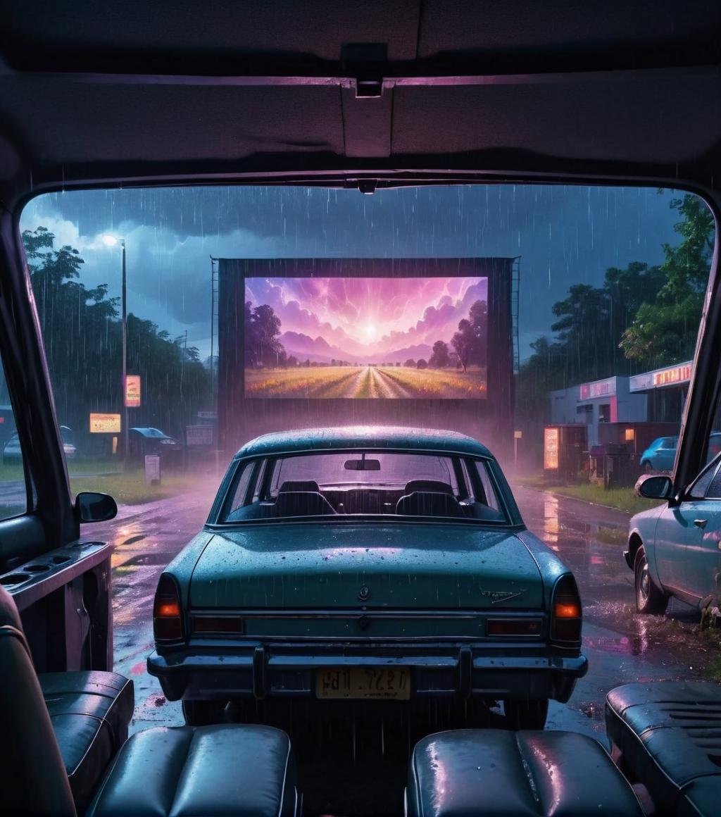 Dreamyvibes artstyle, rains pouring down seen through the window of a car parked at a (drive-in movie theater w/ a movie playing.:1.5) , Movie screen visible in front of the car. <lora:Dreamyvibes artstyle SDXL - Trigger with dreamyvibes artstyle:1>