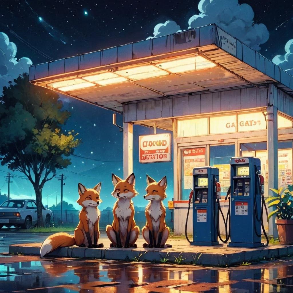 Dreamyvibes artstyle, two foxes examine a closed gas station late at night. <lora:Dreamyvibes artstyle SDXL - Trigger with dreamyvibes artstyle:1>