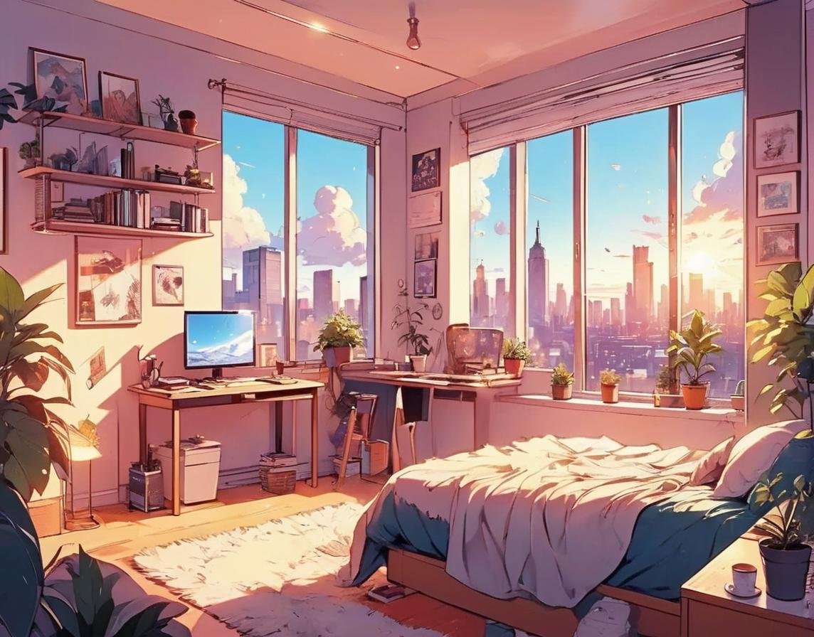 Dreamyvibes artstyle, a modern single room New York city apartment with furniture suitable for a young adult and his company. top of the line television, computer. sunlight shines through the window. <lora:Dreamyvibes artstyle SDXL - Trigger with dreamyvibes artstyle:1>