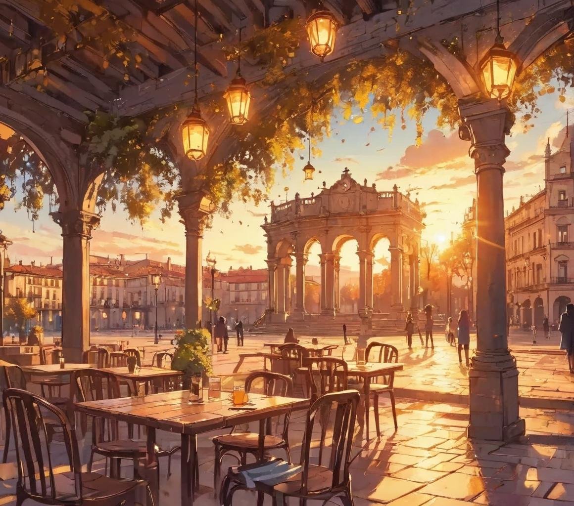 Dreamyvibes artstyle, golden hour sunset in the Plaza major in salamanca spain <lora:Dreamyvibes artstyle SDXL - Trigger with dreamyvibes artstyle:1>