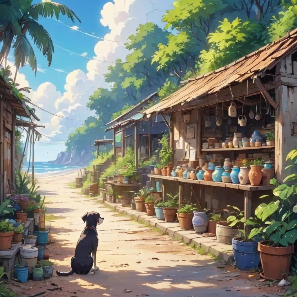 Dreamyvibes artstyle, a lost dog looks up at a small pottery store on the side of a road near the beach. <lora:Dreamyvibes artstyle SDXL - Trigger with dreamyvibes artstyle:1>