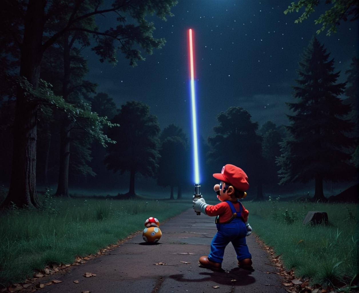 <lora:SMB Artstyle - V1 - Trigger is SMB Artstyle:1>, , A remake of the movie Star Wars IV A New hope, smb artstyle,  low wide shot,using light sabers to take over The Fort Washington Park, after midnight, dark, illumination from light sabre. 
