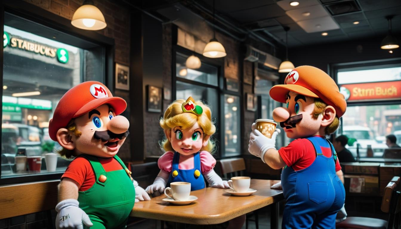 smb artstyle, drinking coffee at Starbucks with princess peach and luigi.  <lora:SMB Artstyle - V1 - Trigger is SMB Artstyle:1>
