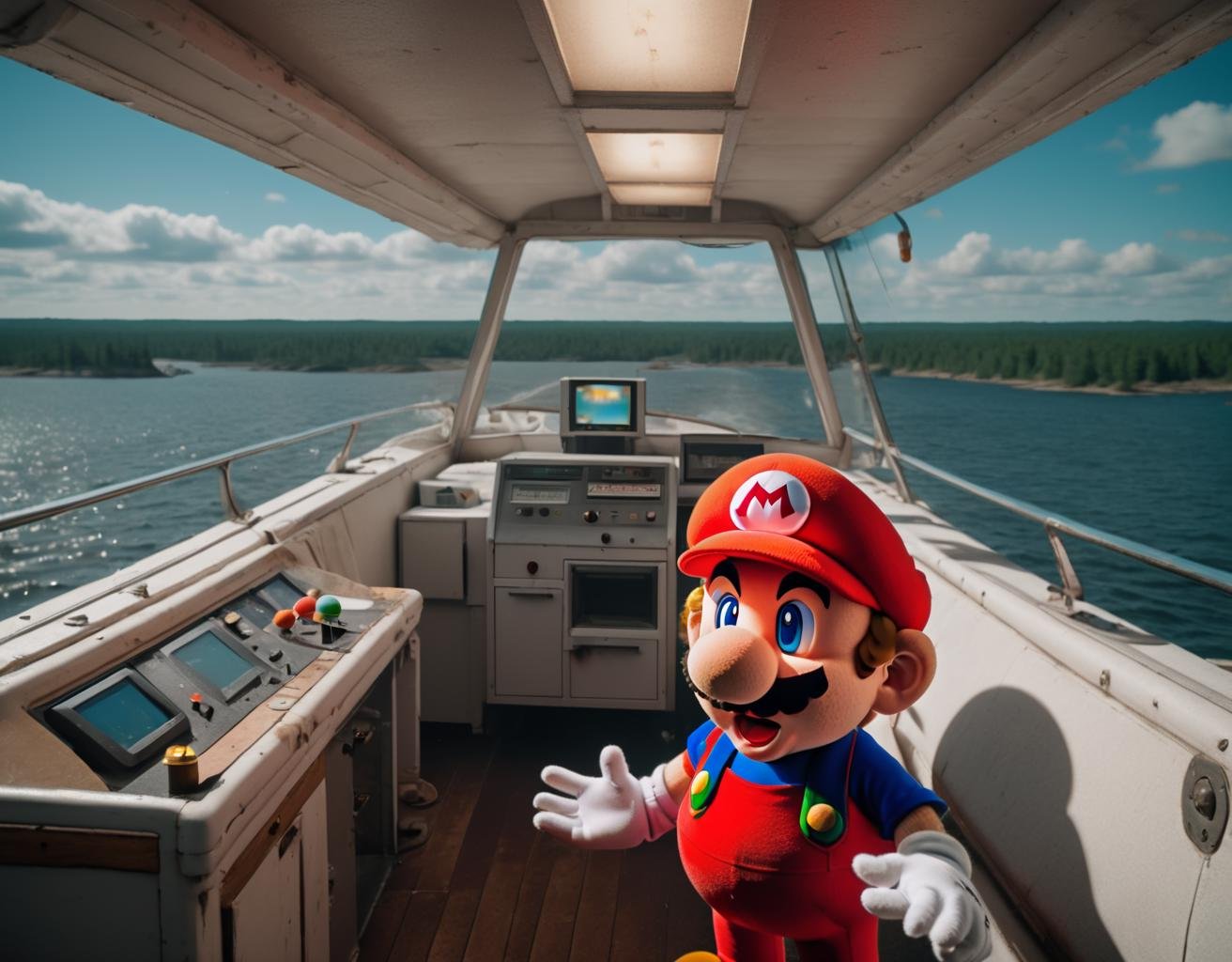<lora:SMB Artstyle - V1 - Trigger is SMB Artstyle:1> smb artstyle exploring, looking for ghosts, on a haunted yacht, Navigation bridge