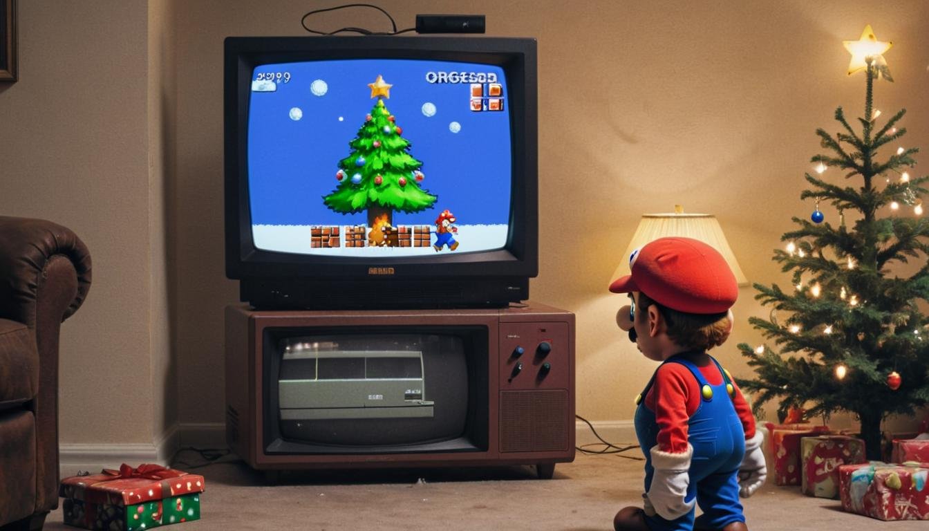 smb artstyle, celebrating christmas in a suburban Orgegon house, christmas tree, dim lighting, unwrapped presents, 1988. Nintendio game on the television. <lora:SMB Artstyle - V1 - Trigger is SMB Artstyle:1>