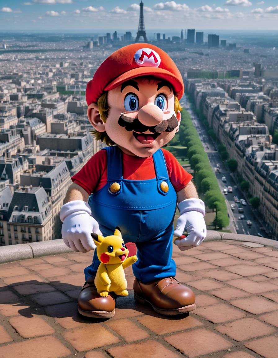 <lora:SMB Artstyle - V1 - Trigger is SMB Artstyle:1> smb artstyle, closeup taking a selfie with pikachu, at the top of the Eiffel Tower. High quality 4k Photography. 