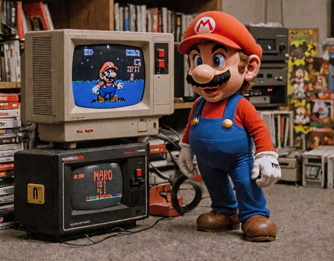 <lora:SMB Artstyle - V1 - Trigger is SMB Artstyle:1> VHS footage of NES Super Mario Brothers video game, 1986, featuring Sony Trinitron television, smb artstyle. 