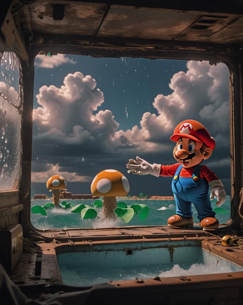 <lora:SMB Artstyle - V1 - Trigger is SMB Artstyle:1> smb artstyle,    Film scene showcasing smb artstyle , on a broken-down pirate ship in a drained water park, under starlit skies, taken from the ship's bow, sailing through memories.