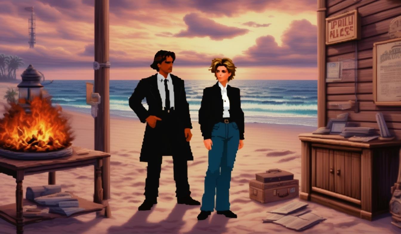 <lora:Lucasarts Artstyle - (Trigger is lcas artstyle):1> A Hawaiian-influenced environment and some surfboards, in hollywood filmed footage from a new movie about a time-traveling historian trying to prevent a world war. Race against time, paradoxes, heart-wrenching sacrifices, clever subversions of historical events. [Vintage clothing, famous speeches, ticking clock, time machine malfunction, underground resistance, forbidden romance, gas-lit Victorian streets, dramatic Normandy beach, desperate coded messages, ticking clock, ominous countdown] . lcas artstyle.