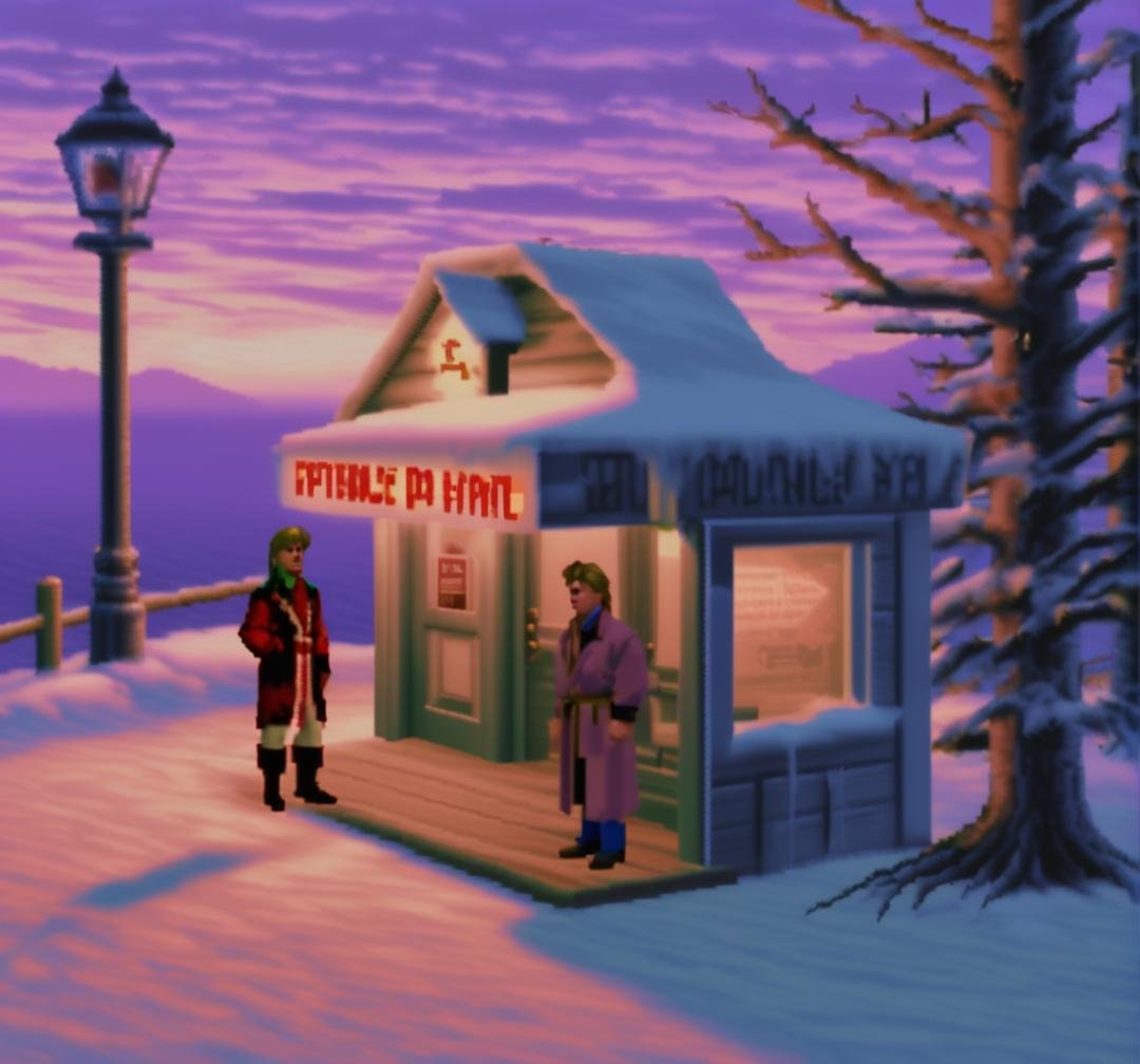 <lora:Lucasarts Artstyle - (Trigger is lcas artstyle):1> . Pop-up stores, booth, gets their tongue stuck to a frozen pole., lcas artstyle