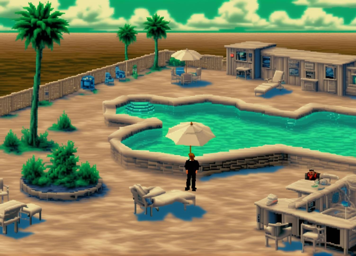 <lora:Lucasarts Artstyle - (Trigger is lcas artstyle):1> . lcas artstyle, Outdoor swimming pool,