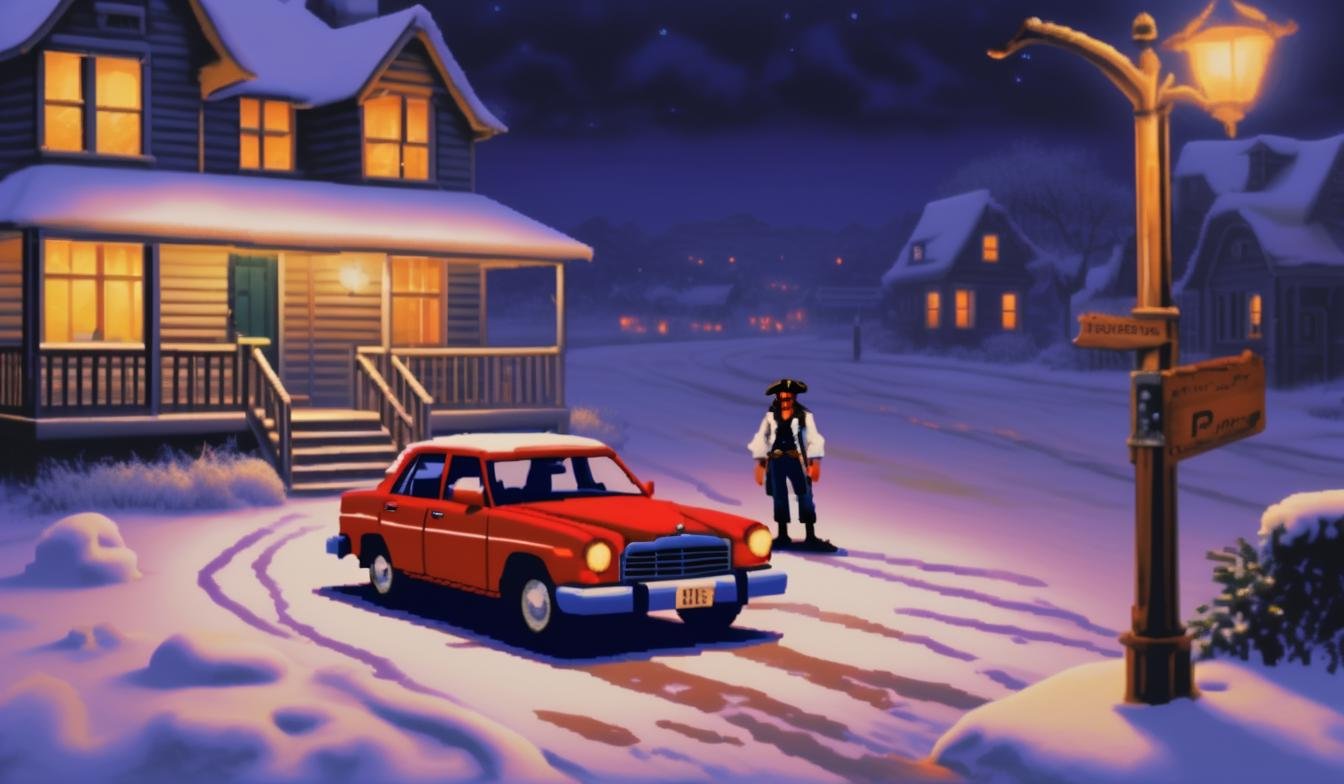 cars parked in a snowy street at night with a house in the background. lcas artstyle. dusk setting. A weary pirate adventurer stands in the foreground. <lora:Lucasarts Artstyle - (Trigger is lcas artstyle):1>