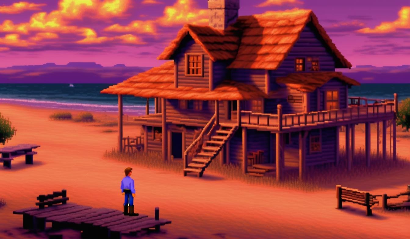 lcas artstyle, there is a man standing in front of a tree house, storybook wide shot :: hd, protagonist in foreground, yellow lighting, log cabin, orange roof, lonely tree <lora:Lucasarts Artstyle - (Trigger is lcas artstyle):1>