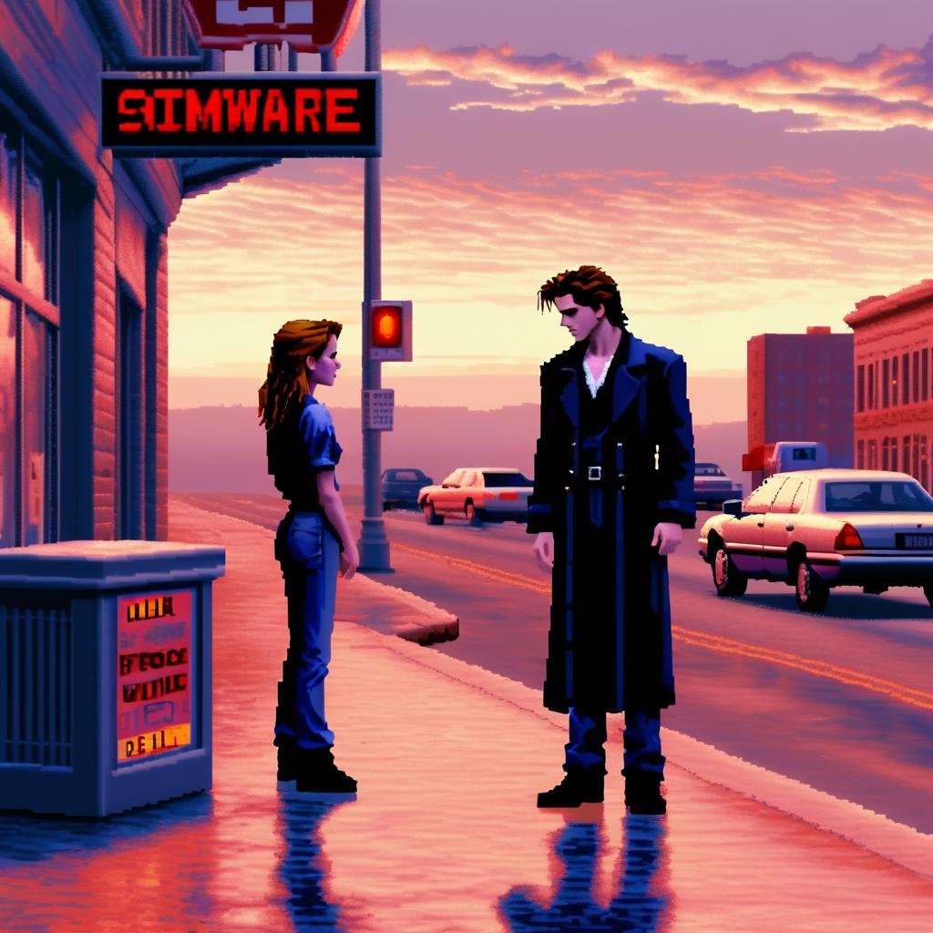 lcas artstyle, Vampire Kristen Stewart from the movie /"Twilight"/ is seen preying on a man for his blood at the downtown mall. Establishing Shot, EarlySummer, Natural Lighting, Fill <lora:Lucasarts Artstyle - (Trigger is lcas artstyle):1>