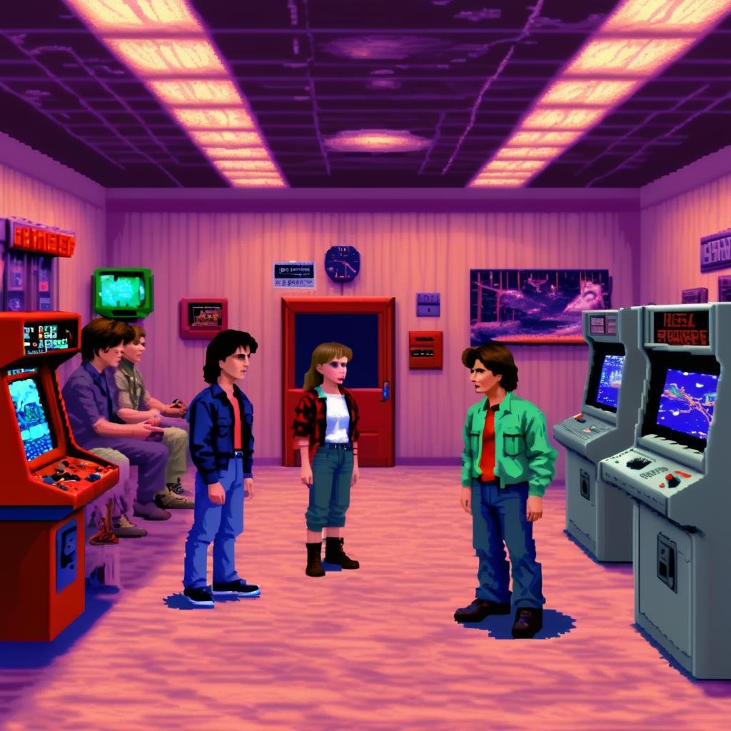 ((lcas artstyle)), the cast of Stranger Things is talking to E.T. in a video arcade. <lora:Lucasarts Artstyle - (Trigger is lcas artstyle):1>