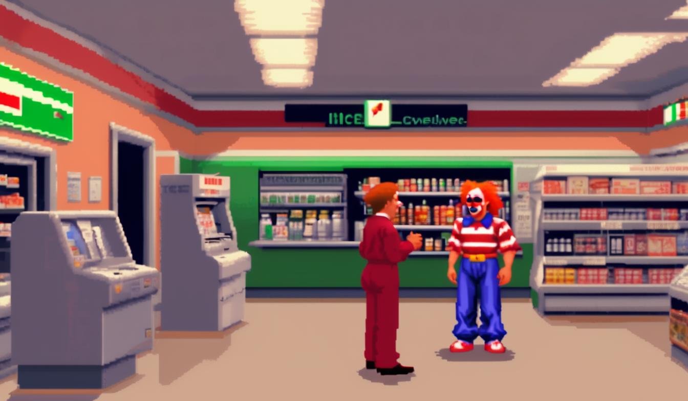 <lora:Lucasarts Artstyle - (Trigger is lcas artstyle):1> A clown and a woman are yelling at each other inside a 7-11 convenience store. lcas artstyle.