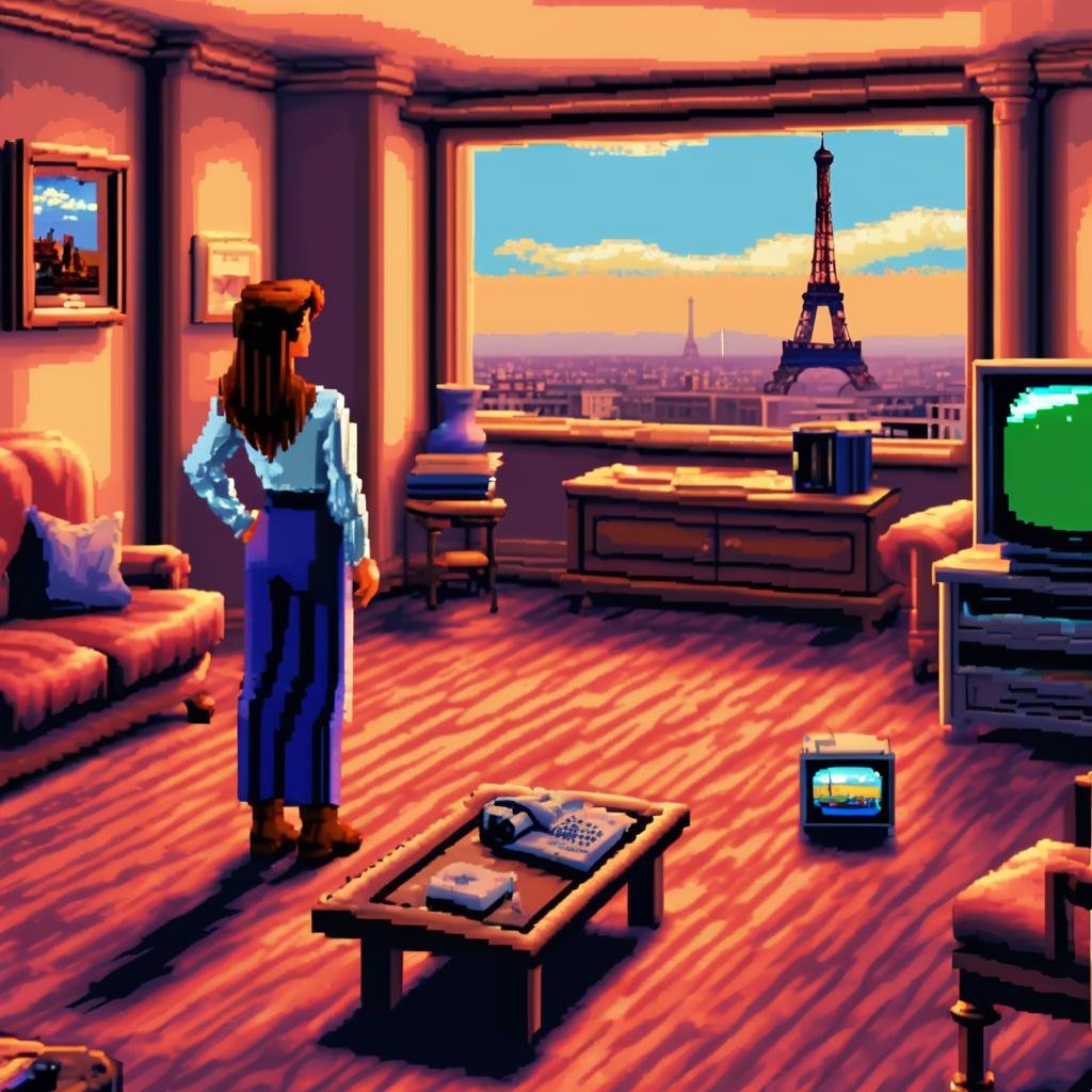 a woman standing in a living room with a television and a couch in front of a window with a view of the eiffel tower, game art, pixel art, lucasarts adventure game. lcas artstyle <lora:Lucasarts Artstyle - (Trigger is lcas artstyle):1>