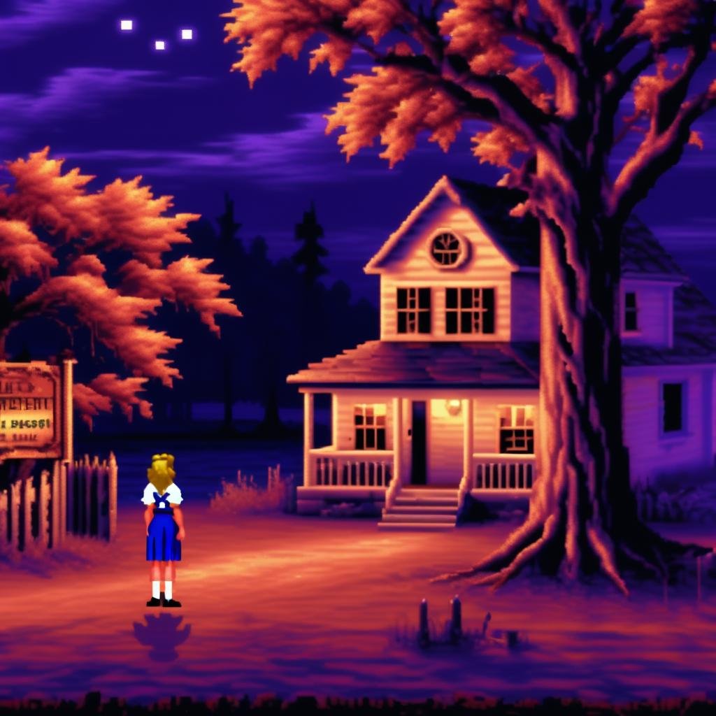lcas artstyle, there is a female adventurer dressed as a cheerleader standing in front of a haunted house, storybook wide shot :: hd, protagonist in foreground, spooky lighting,intricate haunted mansion, lonely tree <lora:Lucasarts Artstyle - (Trigger is lcas artstyle):1>