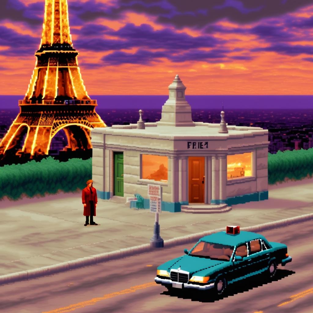 lcas artstyle, the cast of the television show 90210 is investigating a murder on the top of the eiffel tower. Sharp Focus, Fall, Flat Light, Color Temperature <lora:Lucasarts Artstyle - (Trigger is lcas artstyle):1>