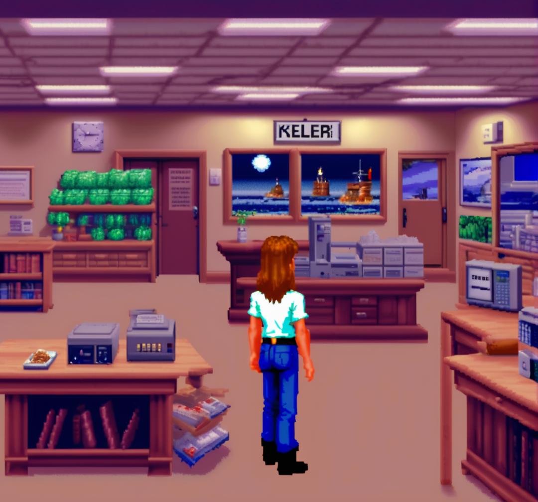 <lora:Lucasarts Artstyle - (Trigger is lcas artstyle):1> . Specialty food stores, keller, accidentally sets off the fire alarm., lcas artstyle